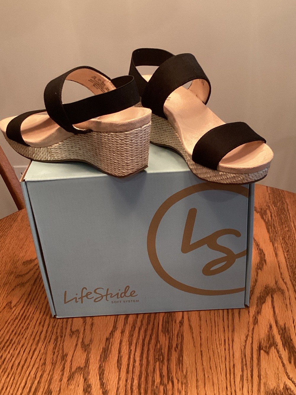 Life Stride Black Elastic Strap Wedge Sandals with Espadrille Heel